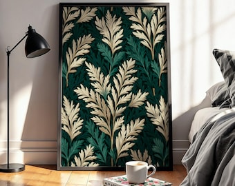 Donkergroen blad muur kunst print, elegante botanische patroon poster, art deco gebladerte decor, luxe smaragd natuur behang stijl artwork