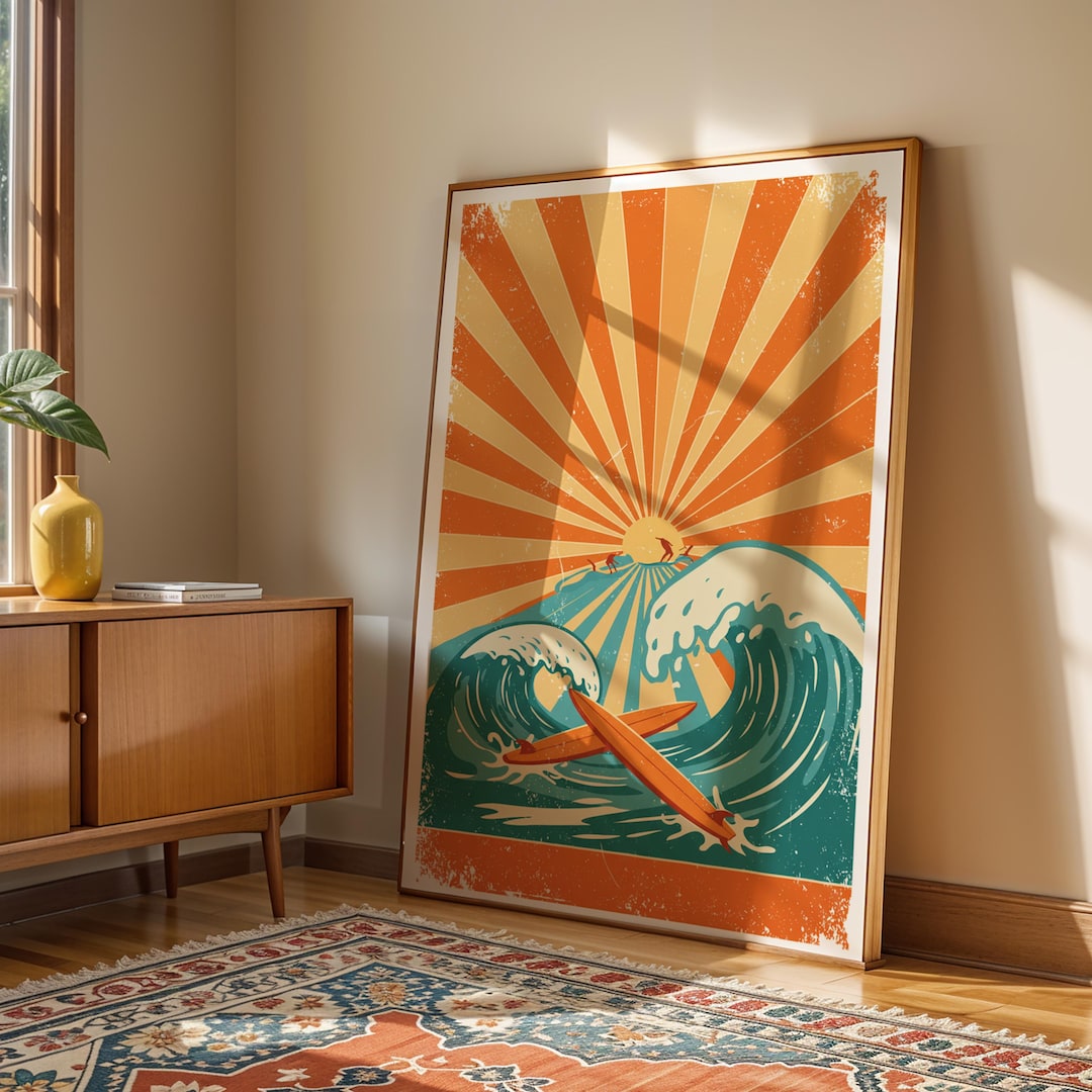 Retro Surf Poster, Vintage Beach Wall Art, Ocean Wave and Surfboard ...
