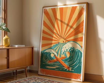 Retro Surf Poster, Vintage Beach Wall Art, Ocean Wave and Surfboard Illustration for Coastal, Summer, or Retro Home Decor, New Home Gift