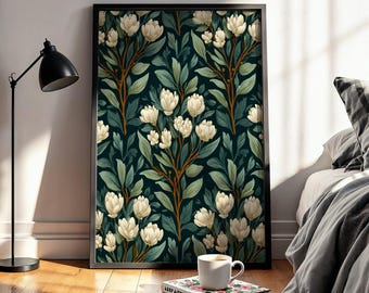 Magnolia bloemen kunst aan de muur print, donkergroene botanische poster, elegante tuin patroon decor, humeurige natuur behang stijl kunst, cadeau voor thuis