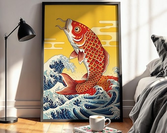 Arte mural de peces koi japoneses vibrantes, póster tradicional de carpa con olas, estampado de peces rojos intensos, arte zen del océano, decoración asiática colorida para el hogar