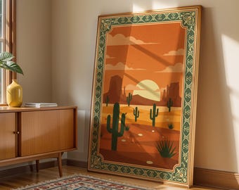 Desert Sunset Poster, Southwest Landscape Wall Art, Minimal Cactus Illustration with Retro Orange and Green Tones for Warm Home Decor