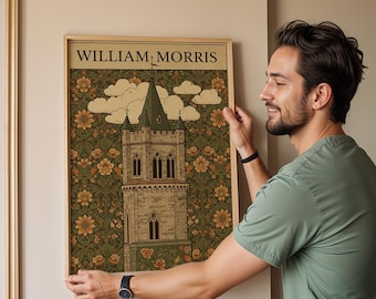 Grabado de la torre del castillo de William Morris, arte botánico, arquitectura vintage.