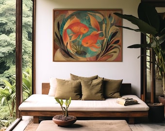 Lienzo Art Nouveau de peces dorados, impresión estilizada de gran tamaño, decoración de pared en vibrante naranja y verde azulado, elegante detalle abstracto acuático.
