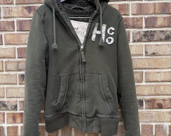 Vintage Hollister Zip Hoodie Mens Green HCO Sherpa Lined Heavy Fleece Y2K, Large
