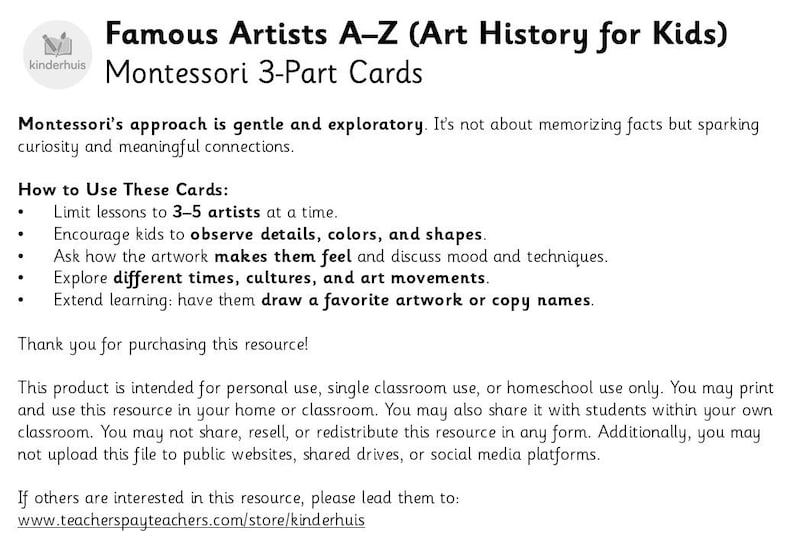 Famous Artists A-Z | Montessori 3-part Cards | Art History for Kids - Etsy