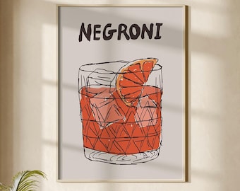 Negroni Cocktail Wall Art Print, Vintage Drink Illustration Poster, Home Bar Cart Decor Artwork Digital Download