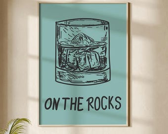 Whiskey On The Rocks Print: Bar Cart Print, Alcohol Wall Art, Cocktail Poster, English Pub Decor, Bar Printable Wall Art (Digital Download)