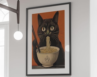 Funny Black Cat Ramen Wall Art Print, Cute Cat Eating Noodles Poster, Modern Kitchen Decor Animal Artwork Digital Download