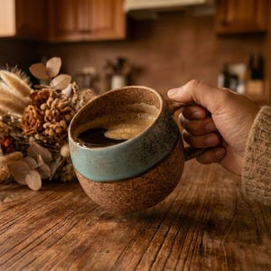 Puede incluir: Una taza de café de cerámica con un diseño marrón y verde azulado, llena de café oscuro. La taza está sostenida por una mano y descansa sobre una mesa de madera. Un arreglo floral seco está en el fondo.