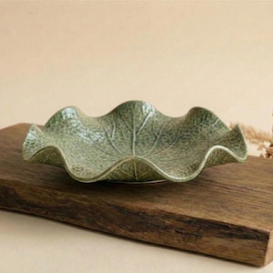 Handmade Lotus Leaf Ceramic Plate - Sage Green Botanical Decor, Tableware for Modern Dining