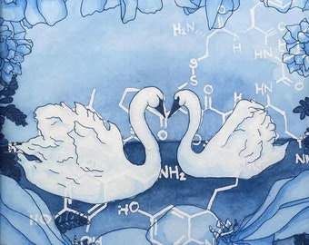 Romance and Swan Love Print of Original Painting  Matted and Ready to Frame