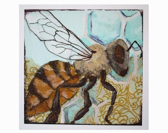 Portrait of a Bee No. 2 Archival Print of Original Collage Painting Matted and Ready to Frame