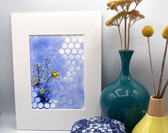 French Ultramarine Blue Buttercup and Bees Fine Art Print Matted and Ready to Frame