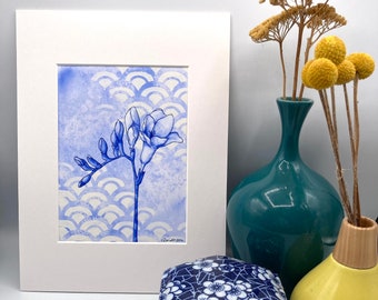 French Ultramarine Blue Freesia Fine Art Print  Matted and Ready to Frame