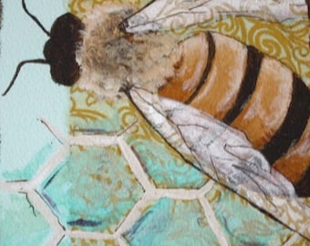 Portrait of a Bee No. 5 Archival Print of Original Collage Painting Matted and Ready to Frame