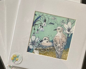 Mourning Doves Art Print: Love Birds Collage Painting, Matted Ready to Frame