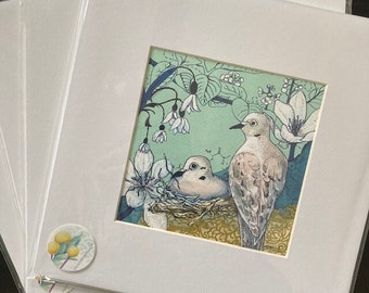 Mourning Doves- Love Birds Series Archival Print of Original Collage Painting  Matted and Ready to Frame