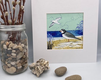 Piping Plovers Montrose Beach- Love Birds Series Archival Print of Original Collage Painting  Matted and Ready to Frame