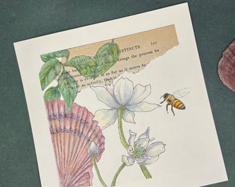 Botanical Collage Art Print: Bee, Shell, Flowers - Matted Ready to Frame