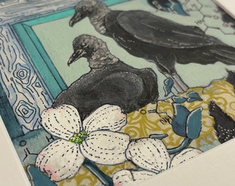 Black Vulture Love Birds Art Print: Matted Collage Painting