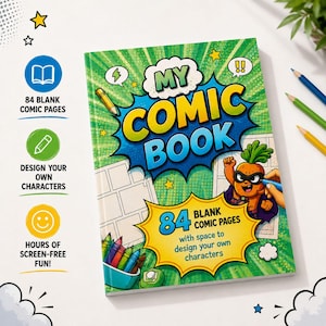Pode incluir: Um livro de banda desenhada intitulado My Comic Book com uma capa verde de estilo banda desenhada com uma personagem cenoura com máscara e capa. A capa inclui o texto 84 blank comic pages with space to design your own characters.