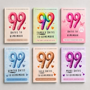 以下が含まれることがあります： 「99 Dates to Remember」というタイトルの冒険ガイドブック6冊。各表紙には大きな数字の99が描かれています。クリーム色、虹色、ピンク、水色、タン、ラベンダーなど、さまざまな色のテーマがあり、ハートのアイコンが散りばめられています。