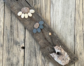 Copper and Gray Stone Flowers on Driftwood // Pebble Art //  Rock art // Driftwood Art