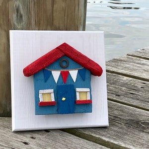 Nautical Driftwood Cottage Blue //  Beach House Decor // Driftwood House // Coastal Cottage // Beach Art