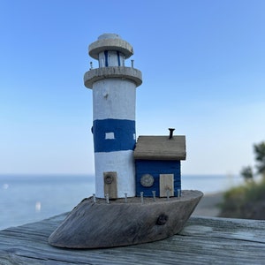 Nautical Driftwood Lighthouse and Cottage in Blue and White