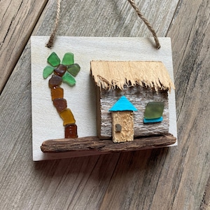 Driftwood Tiki Hut with Palm //  Beach House Decor // Driftwood House // Coastal Cottage // Beach Art