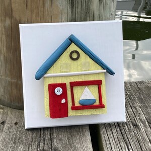 Nautical Driftwood Cottage Yellow //  Beach House Decor // Driftwood House // Coastal Cottage // Beach Art