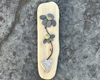 Green and Gray Stone Flowers on Driftwood // Pebble Art //  Rock art // Driftwood Art