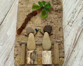 Amigos // Arte con guijarros // Decoración playera // Madera flotante // Arte en piedra
