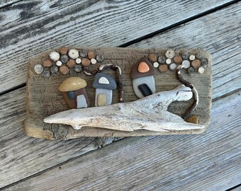 Three Beach Stone Houses on Driftwood  // Beach Decor // Rock Art