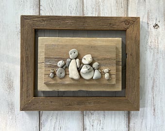 Halloween Decor Pebble Art Family on Driftwood: Lake Michigan Beach Decor