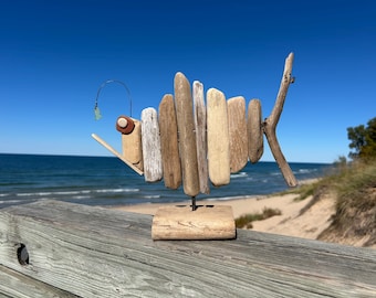 Large Driftwood Fish on Stand: Lake Michigan Driftwood, Rustic Coastal Decor