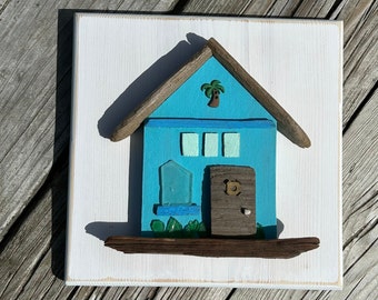 Key West Driftwood Cottage Deep Blue//  Beach House Decor // Driftwood House // Coastal Cottage // Beach Art