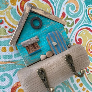 Aqua Driftwood Cottage Key Holder //  Beach House Decor // Driftwood House // Coastal Cottage // Beach Art