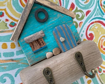 Aqua Driftwood Cottage Key Holder //  Beach House Decor // Driftwood House // Coastal Cottage // Beach Art