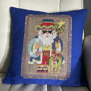 Santa at the Beach Blue Pillow // Beach Christmas // Adirondack // Coastal Decor // Beach Cottage image 1