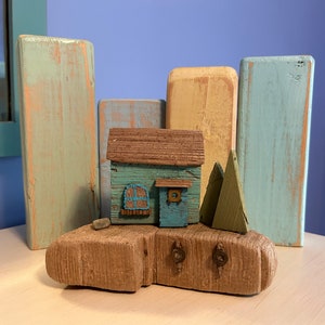 Aqua Driftwood Cottage with Trees //  Beach House Decor // Driftwood House // Coastal Decor //  Beach Art