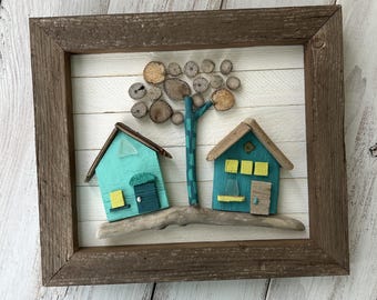 Casas coloridas de madera a la deriva // Decoración playera // Arte con madera a la deriva