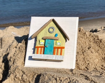 Key West Driftwood Yellow Cottage //  Beach House Decor // Driftwood House // Coastal Cottage // Beach Art