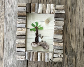 Palm Tree // Pebble Art //  Beach Decor // Driftwood // Stone Art