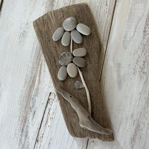 Petoskey and Striped Stone Flowers on Driftwood // Pebble Art //  Rock art // Driftwood Art