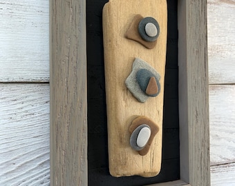 Stone and Driftwood Sculpture in Barn Wood Frame