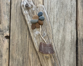 Two Tone Heart Stone Flower on Driftwood // Pebble Art //  Rock art // Driftwood Art