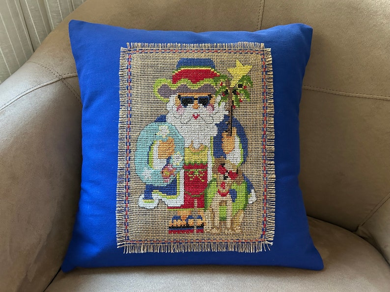 Santa at the Beach Blue Pillow // Beach Christmas // Adirondack // Coastal Decor // Beach Cottage image 3