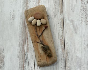 Buff Stone Flower on Driftwood // Pebble Art //  Beach Decor // Rock art // Coastal Decor